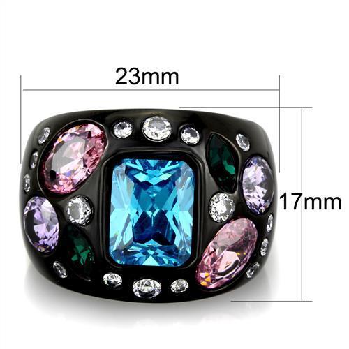 IP Black(Ion Plating) Stainless Steel Ring with AAA Grade CZ in Sea Blue