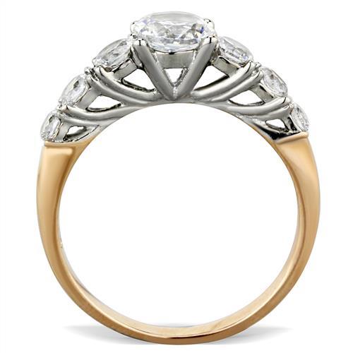 Two-Tone IP Rose Gold Stainless Steel Ring with AAA Grade CZ in Clear