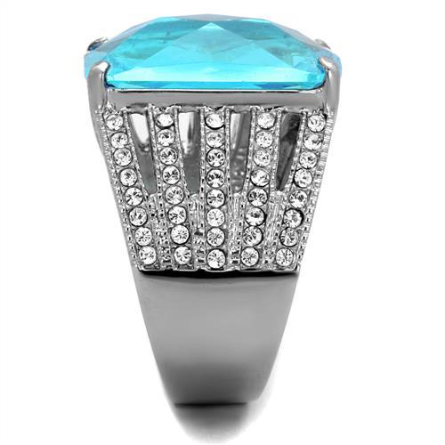 High polished (no plating) Stainless Steel Ring with Synthetic Synthetic Glass in Sea Blue