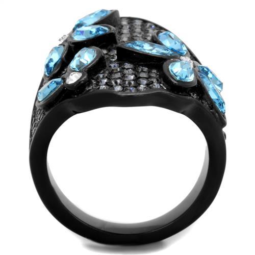IP Black(Ion Plating) Stainless Steel Ring with Top Grade Crystal in Sea Blue