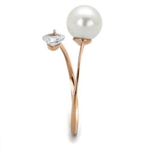 IP Rose Gold(Ion Plating) Stainless Steel Ring with Synthetic Pearl in White