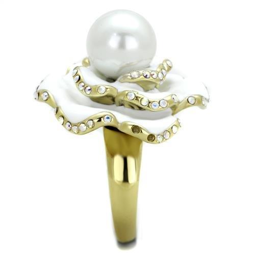 IP Gold(Ion Plating) Stainless Steel Ring with Synthetic Pearl in White
