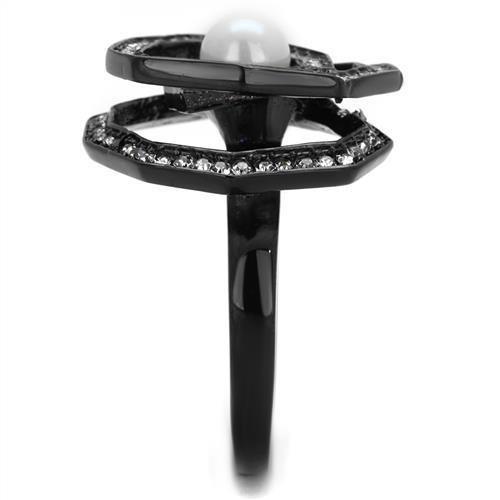 IP Black(Ion Plating) Stainless Steel Ring with Synthetic Pearl in White