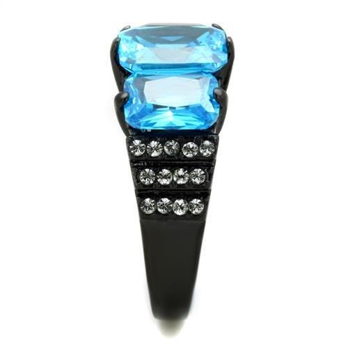 IP Black(Ion Plating) Stainless Steel Ring with AAA Grade CZ in Sea Blue