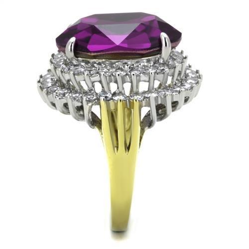 Two-Tone IP Gold (Ion Plating) Stainless Steel Ring with Top Grade Crystal in Amethyst
