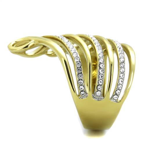 Two-Tone IP Gold (Ion Plating) Stainless Steel Ring with Top Grade Crystal in Clear