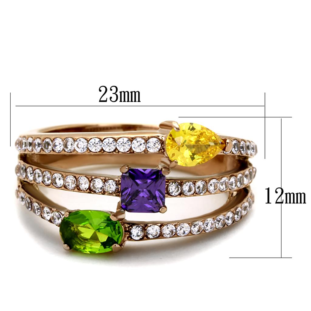 IP Rose Gold(Ion Plating) Stainless Steel Ring with AAA Grade CZ in Multi Color
