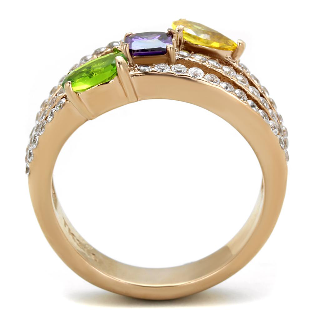 IP Rose Gold(Ion Plating) Stainless Steel Ring with AAA Grade CZ in Multi Color