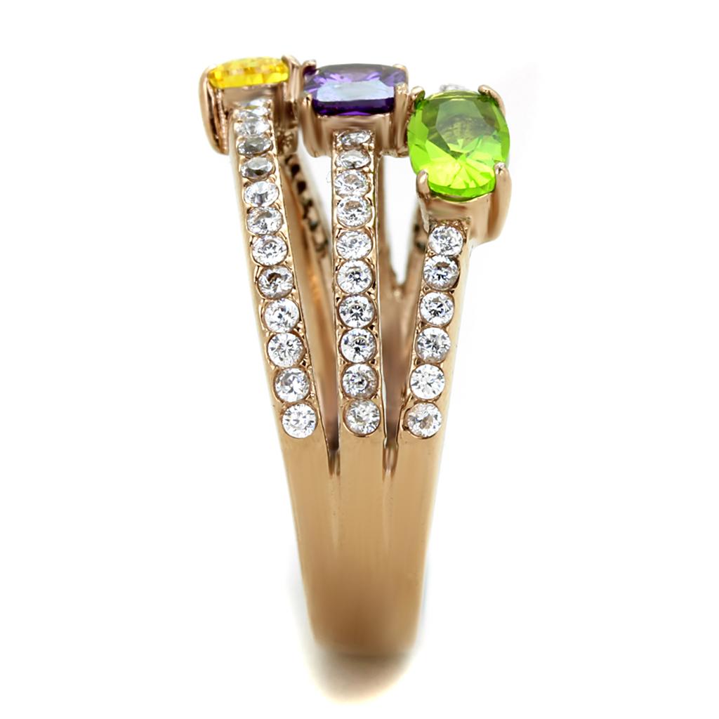 IP Rose Gold(Ion Plating) Stainless Steel Ring with AAA Grade CZ in Multi Color