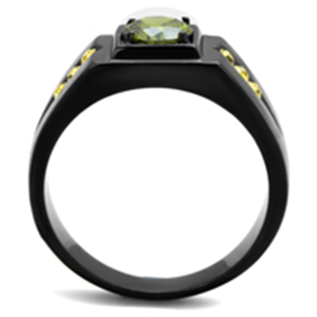 IP Black(Ion Plating) Stainless Steel Ring with AAA Grade CZ in Olivine color