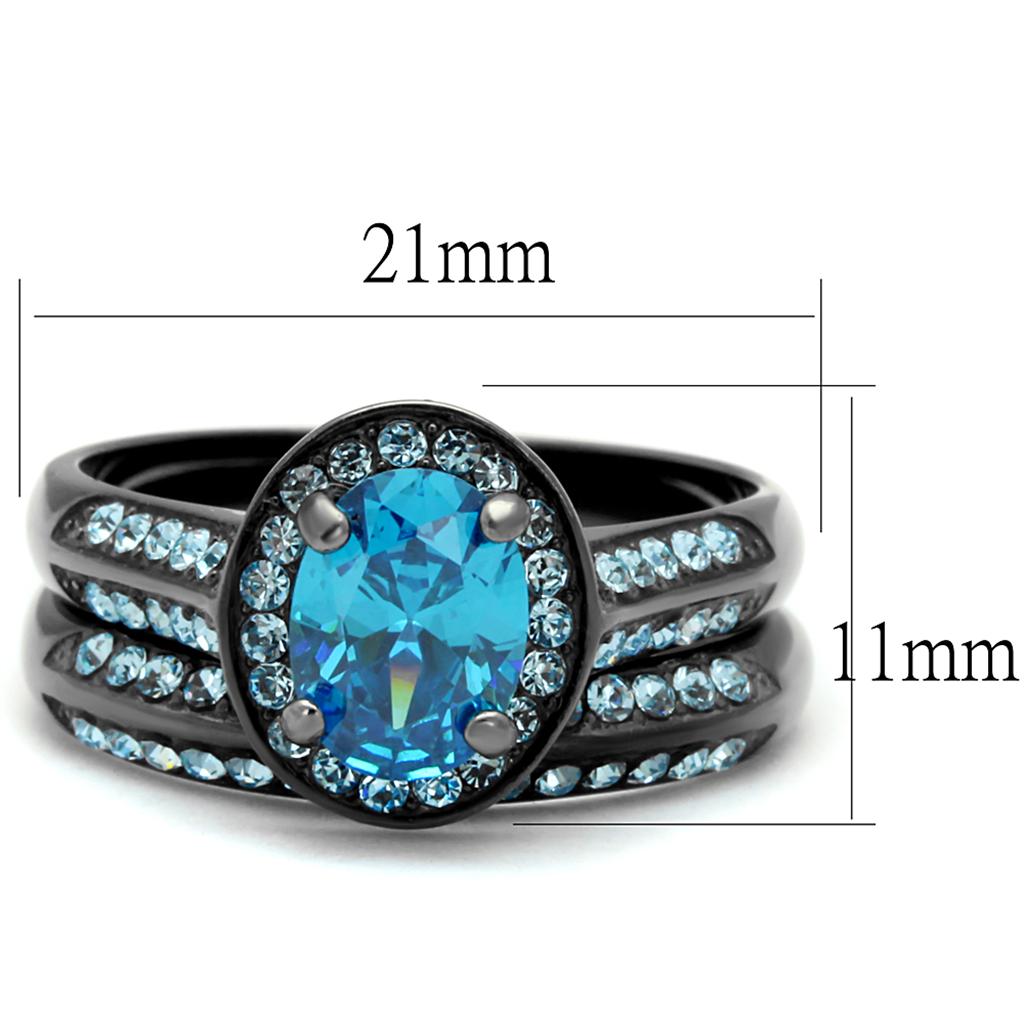 IP Light Black (IP Gun) Stainless Steel Ring with AAA Grade CZ in Sea Blue