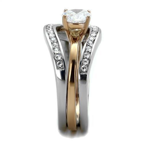 Two-Tone IP Rose Gold Stainless Steel Ring with AAA Grade CZ in Clear