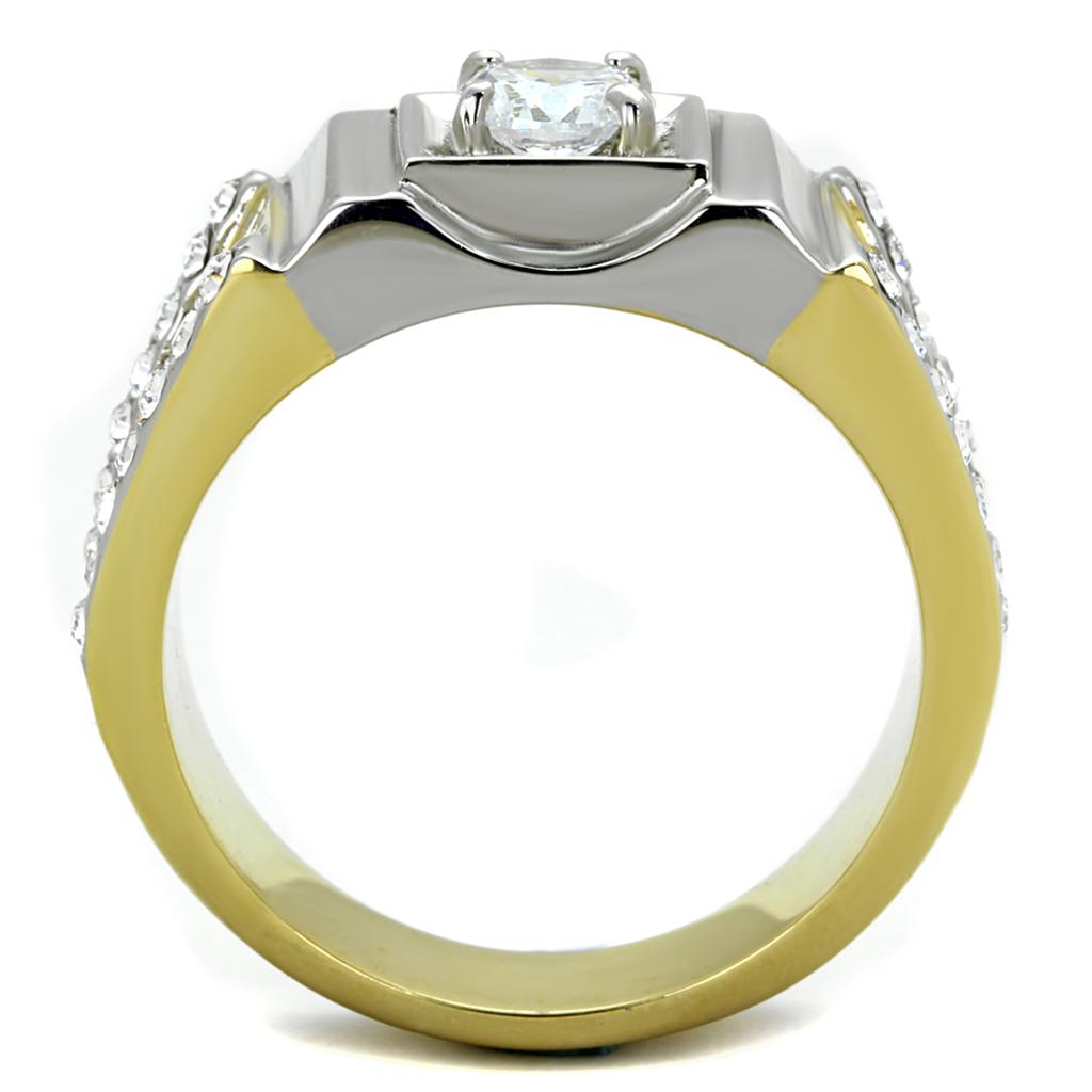 Two-Tone IP Gold (Ion Plating) Stainless Steel Ring with AAA Grade CZ in Clear