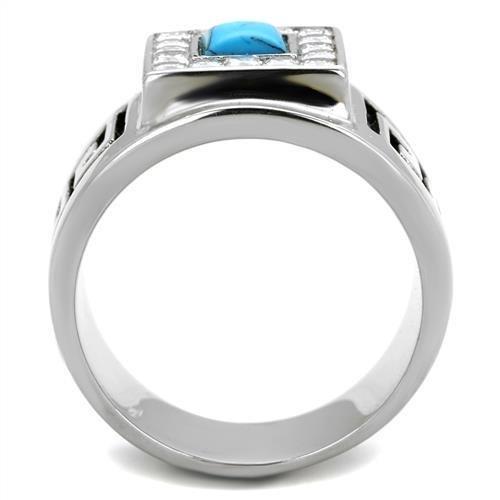 High polished (no plating) Stainless Steel Ring with Synthetic Turquoise in Sea Blue