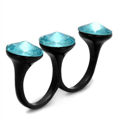 IP Black(Ion Plating) Stainless Steel Ring with Top Grade Crystal in Sea Blue