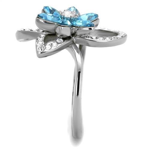 High polished (no plating) Stainless Steel Ring with Top Grade Crystal in Sea Blue