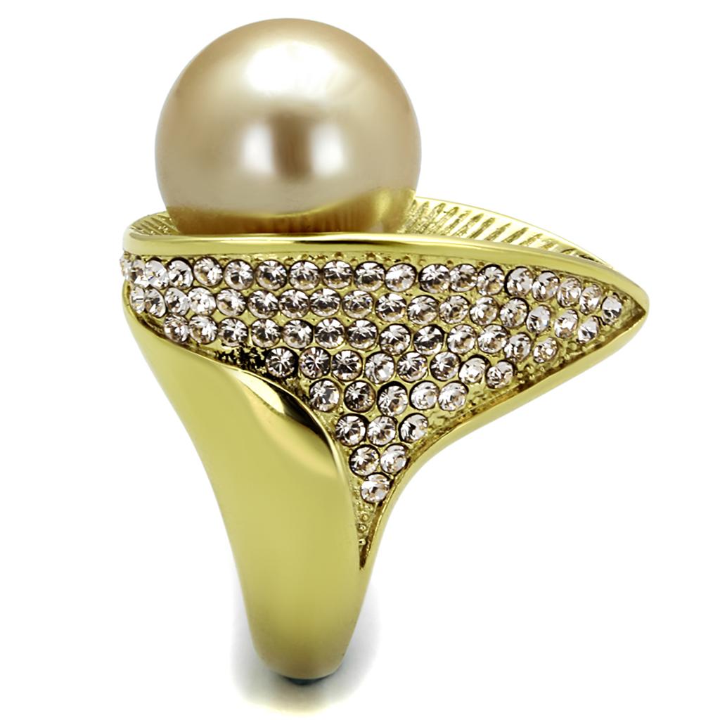 IP Gold(Ion Plating) Stainless Steel Ring with Synthetic Pearl in Champagne