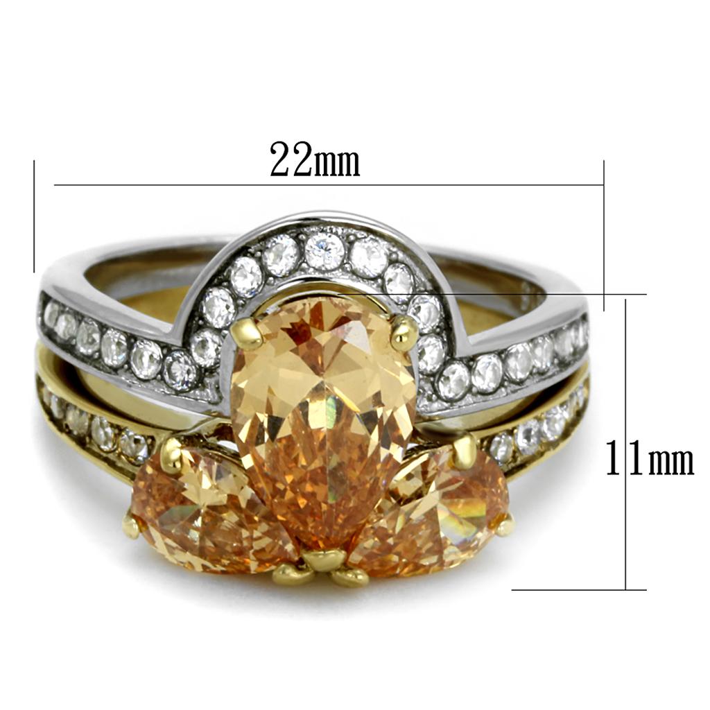 Two-Tone IP Gold (Ion Plating) Stainless Steel Ring with AAA Grade CZ in Champagne