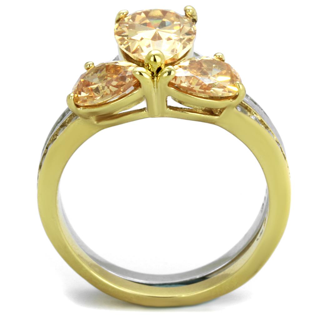 Two-Tone IP Gold (Ion Plating) Stainless Steel Ring with AAA Grade CZ in Champagne