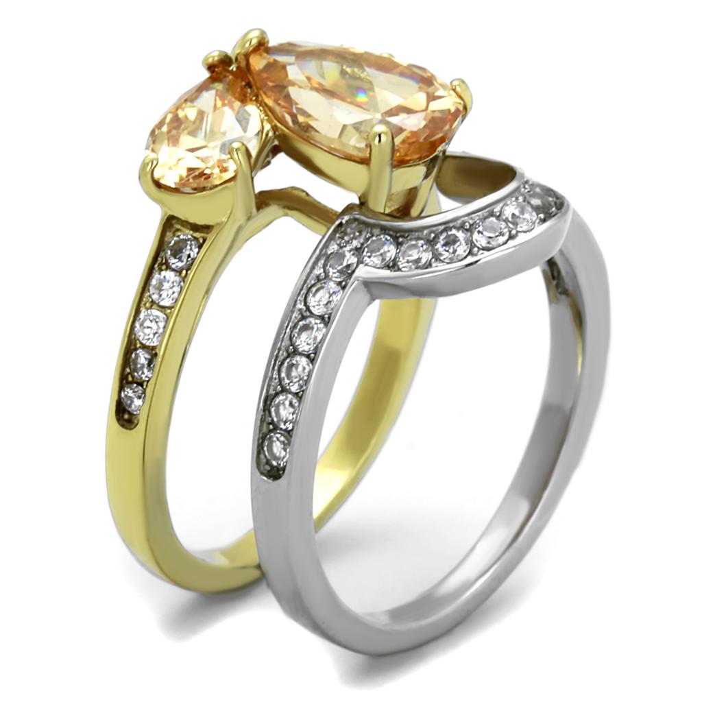 Two-Tone IP Gold (Ion Plating) Stainless Steel Ring with AAA Grade CZ in Champagne