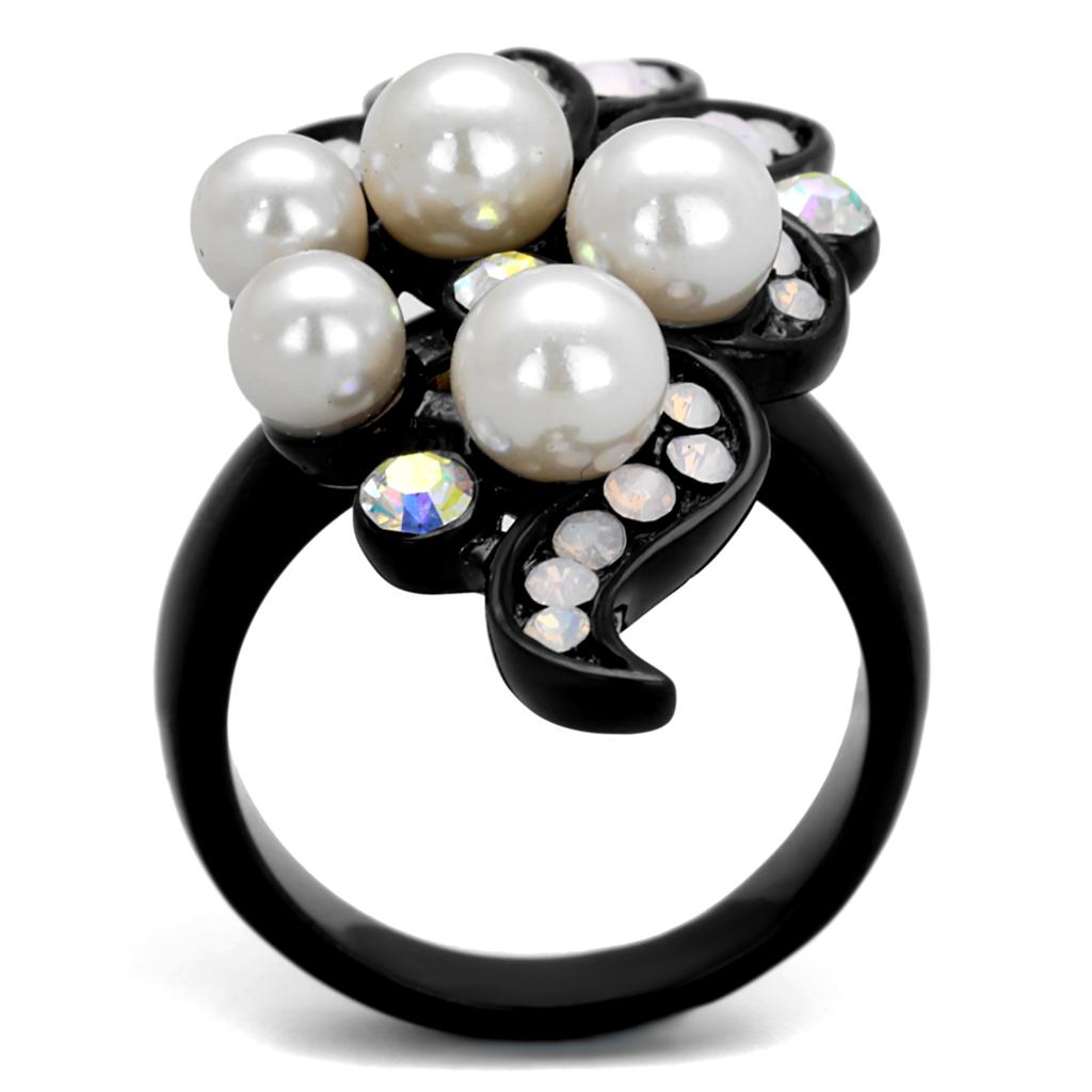 IP Black(Ion Plating) Stainless Steel Ring with Synthetic Pearl in Light Rose
