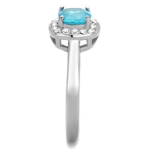 High polished (no plating) Stainless Steel Ring with Synthetic Synthetic Glass in Sea Blue
