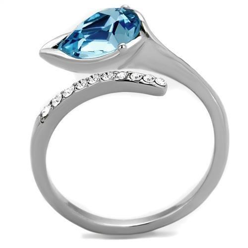 High polished (no plating) Stainless Steel Ring with Top Grade Crystal in Sea Blue