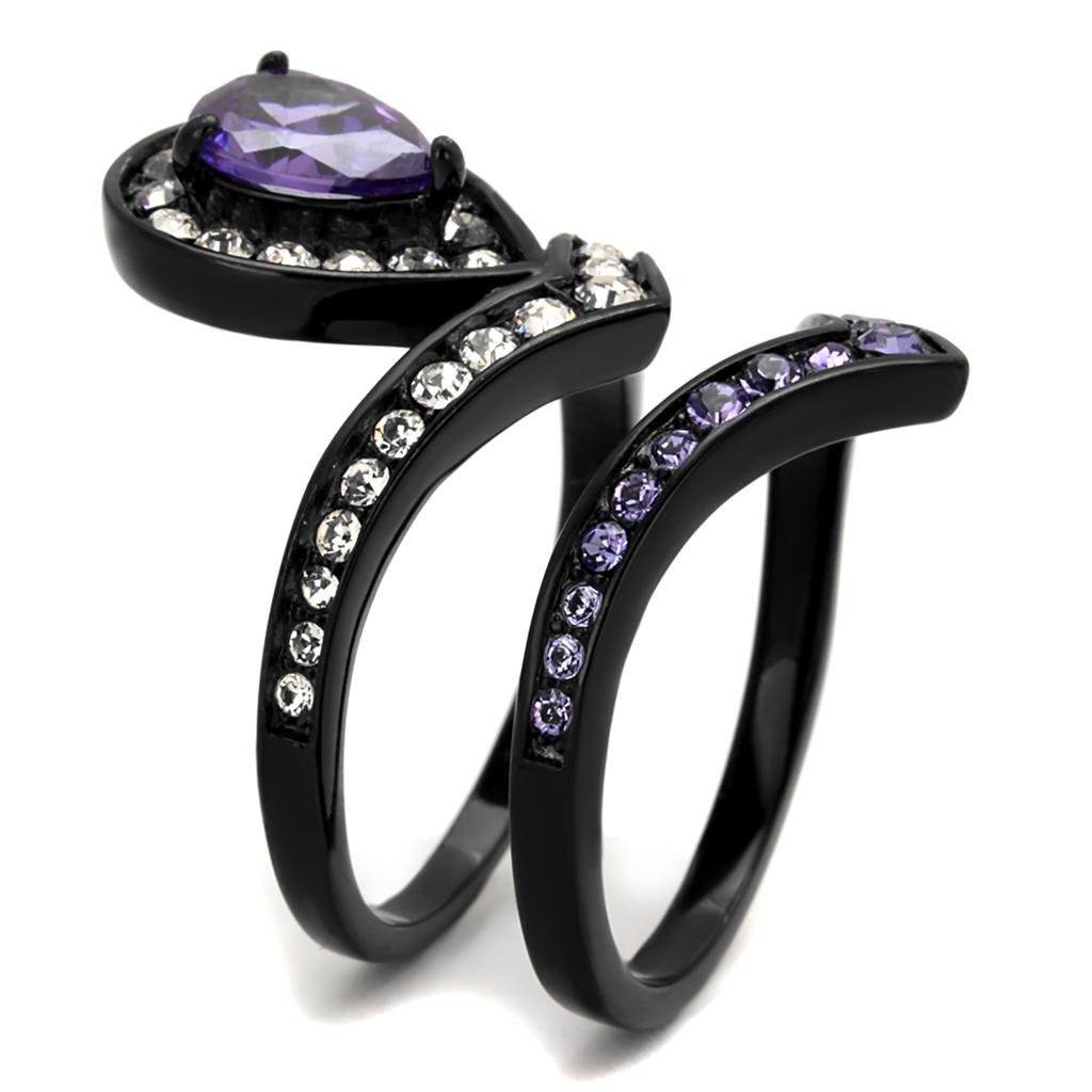 IP Black(Ion Plating) Stainless Steel Ring with AAA Grade CZ in Amethyst