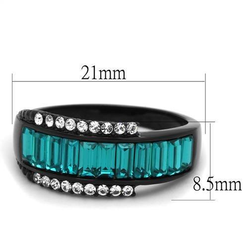 IP Black(Ion Plating) Stainless Steel Ring with Top Grade Crystal in Blue Zircon
