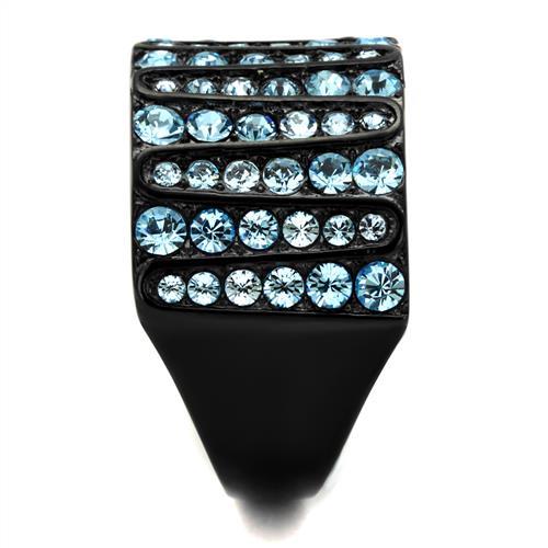 IP Black(Ion Plating) Stainless Steel Ring with Top Grade Crystal in Sea Blue