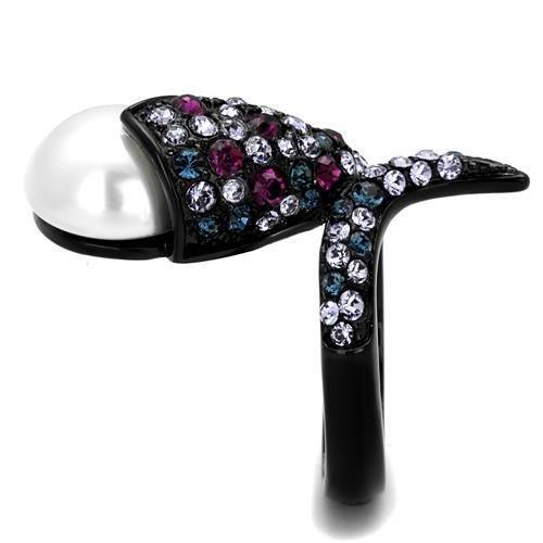 IP Black(Ion Plating) Stainless Steel Ring with Synthetic Pearl in White