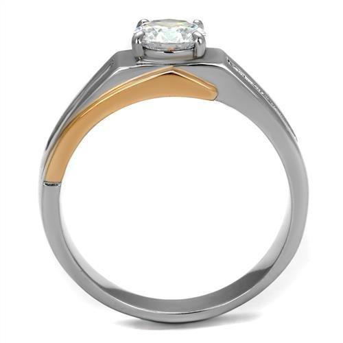 Two-Tone IP Rose Gold Stainless Steel Ring with AAA Grade CZ in Clear