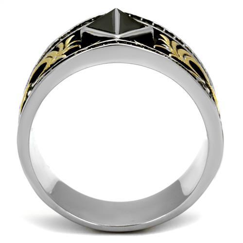 Two-Tone IP Gold (Ion Plating) Stainless Steel Ring with Synthetic Synthetic Glass in Jet