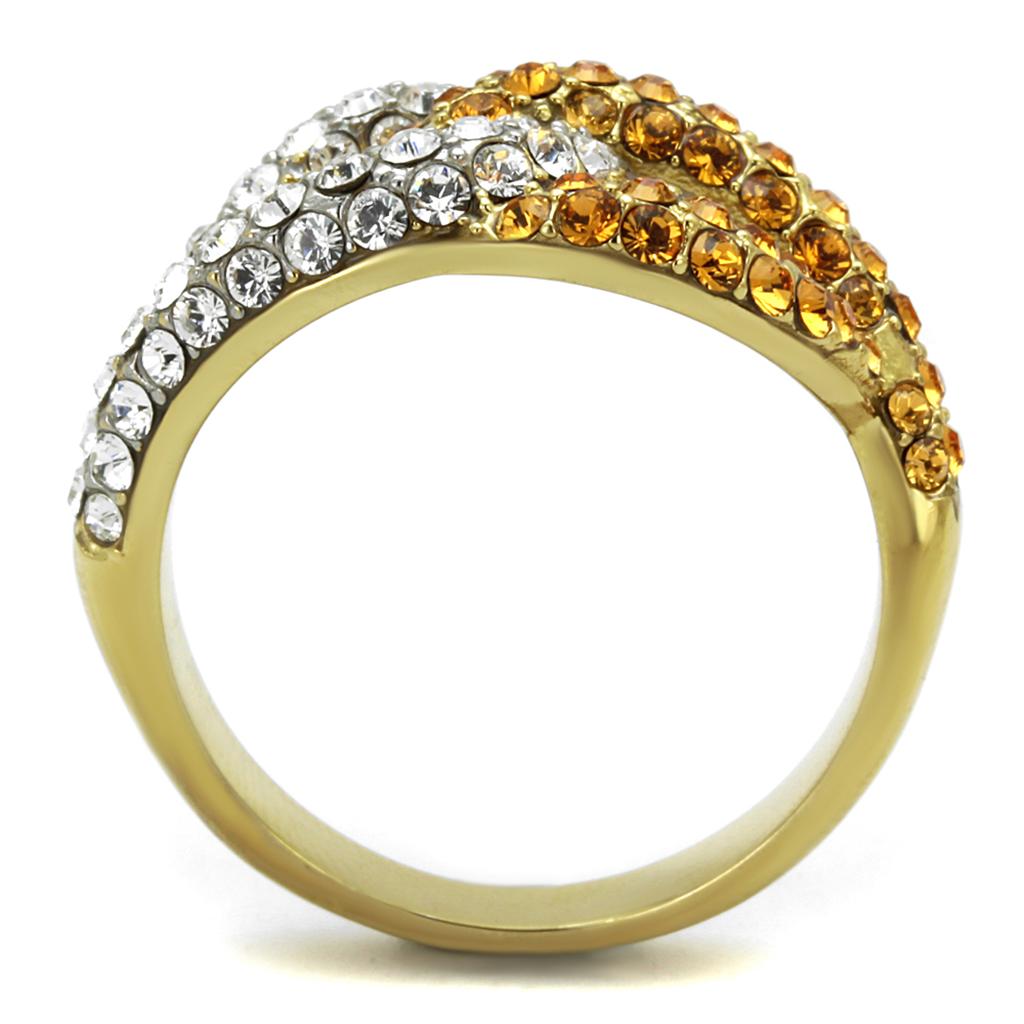 Two-Tone IP Gold (Ion Plating) Stainless Steel Ring with Top Grade Crystal in Topaz