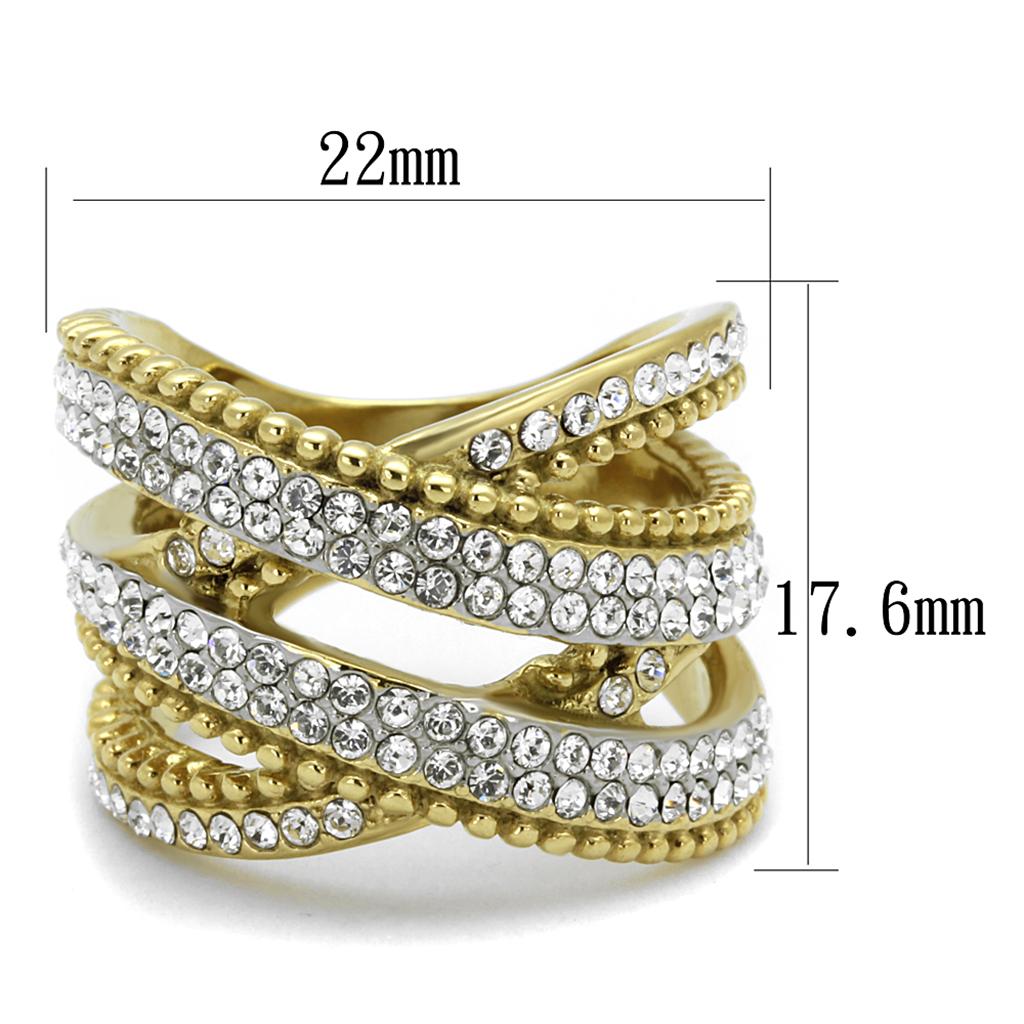 Two-Tone IP Gold (Ion Plating) Stainless Steel Ring with Top Grade Crystal in Clear