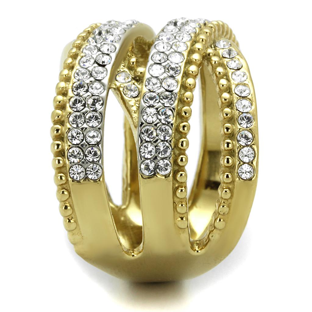 Two-Tone IP Gold (Ion Plating) Stainless Steel Ring with Top Grade Crystal in Clear