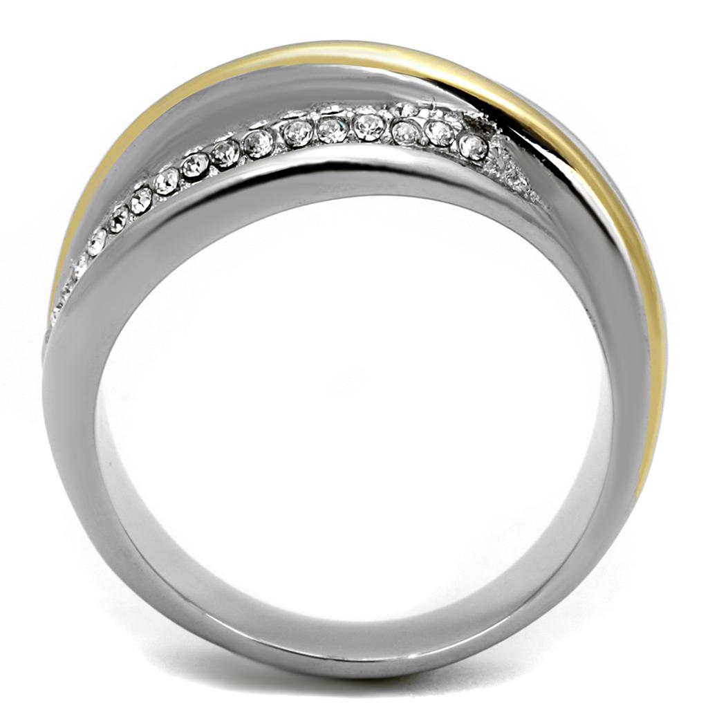 Two-Tone IP Gold (Ion Plating) Stainless Steel Ring with Top Grade Crystal in Clear