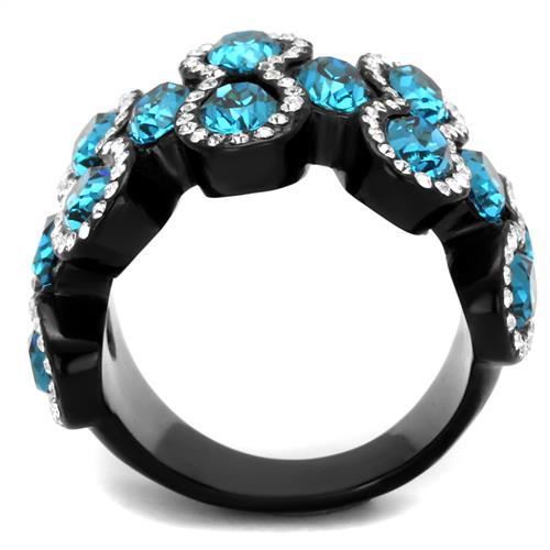 IP Black(Ion Plating) Stainless Steel Ring with Top Grade Crystal in Aquamarine