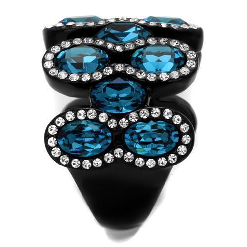 IP Black(Ion Plating) Stainless Steel Ring with Top Grade Crystal in Aquamarine