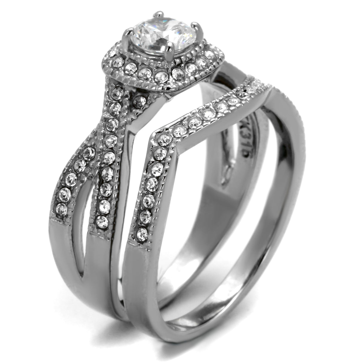 High polished (no plating) Stainless Steel Ring with AAA Grade CZ in Clear