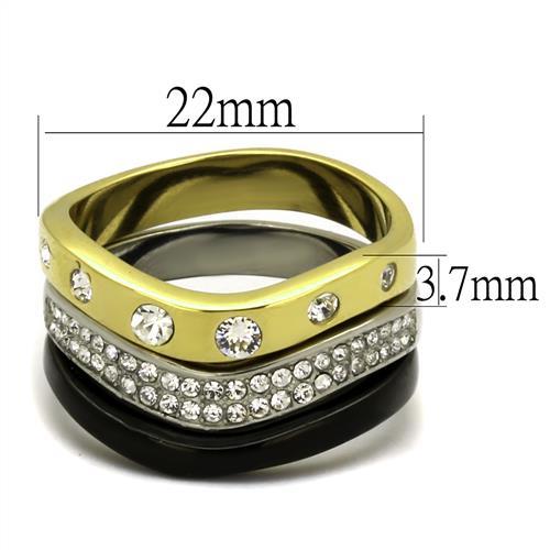 IP Gold+ IP Black (Ion Plating) Stainless Steel Ring with Top Grade Crystal in Clear
