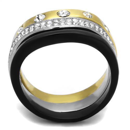 IP Gold+ IP Black (Ion Plating) Stainless Steel Ring with Top Grade Crystal in Clear