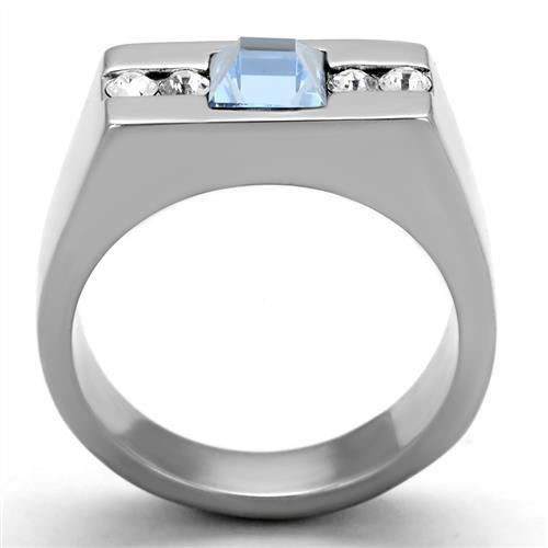 High polished (no plating) Stainless Steel Ring with Top Grade Crystal in Aquamarine