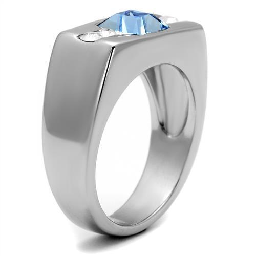 High polished (no plating) Stainless Steel Ring with Top Grade Crystal in Aquamarine