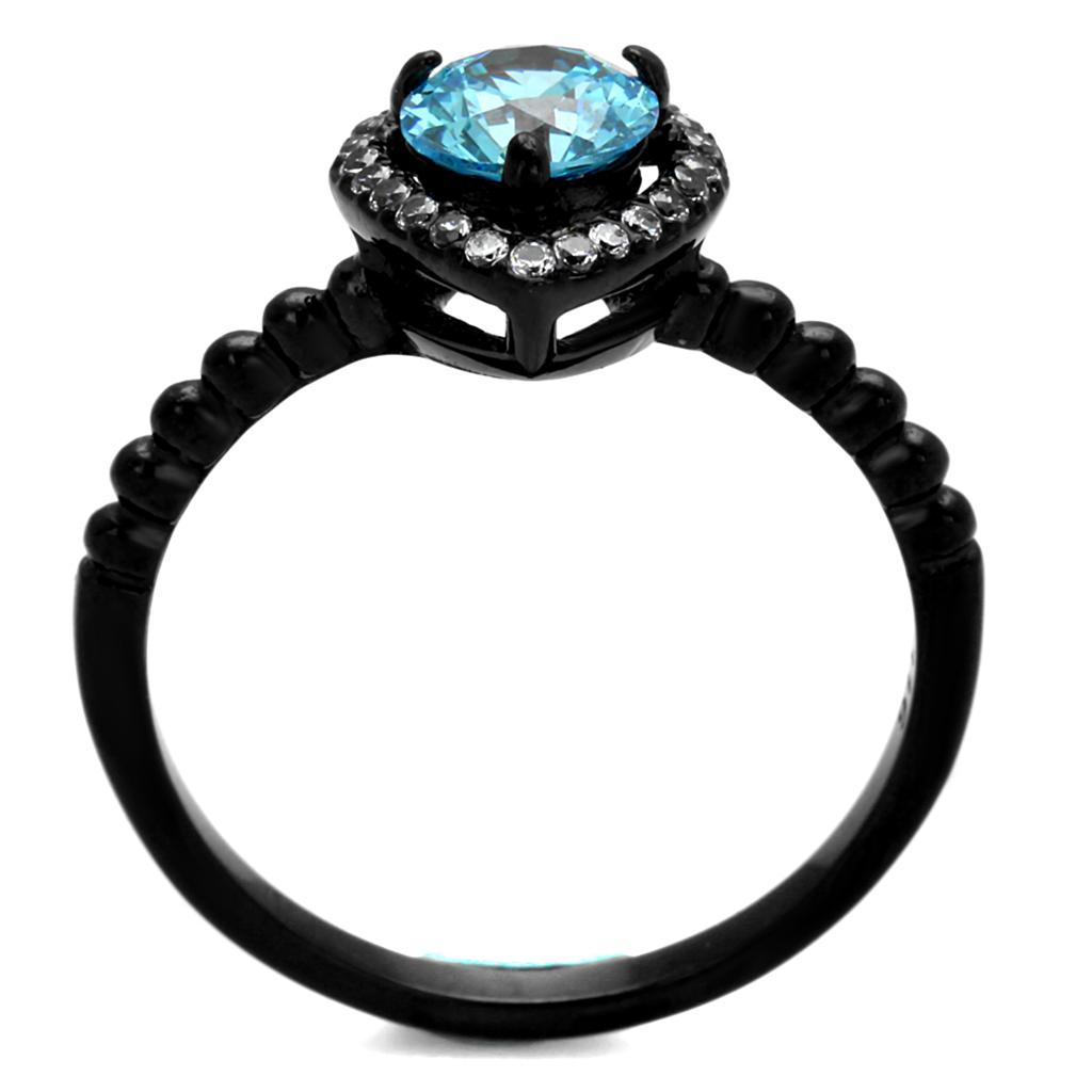IP Black(Ion Plating) Stainless Steel Ring with AAA Grade CZ in Sea Blue