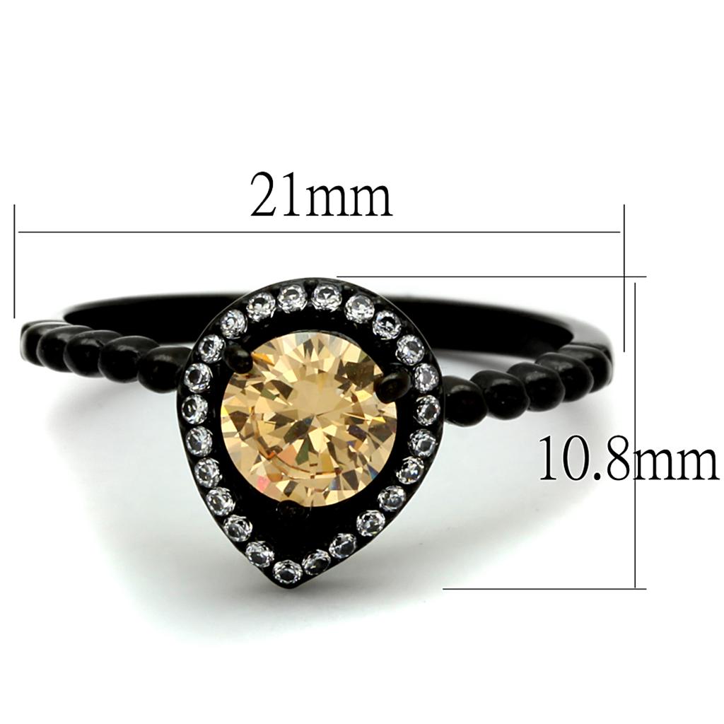 IP Black(Ion Plating) Stainless Steel Ring with AAA Grade CZ in Champagne