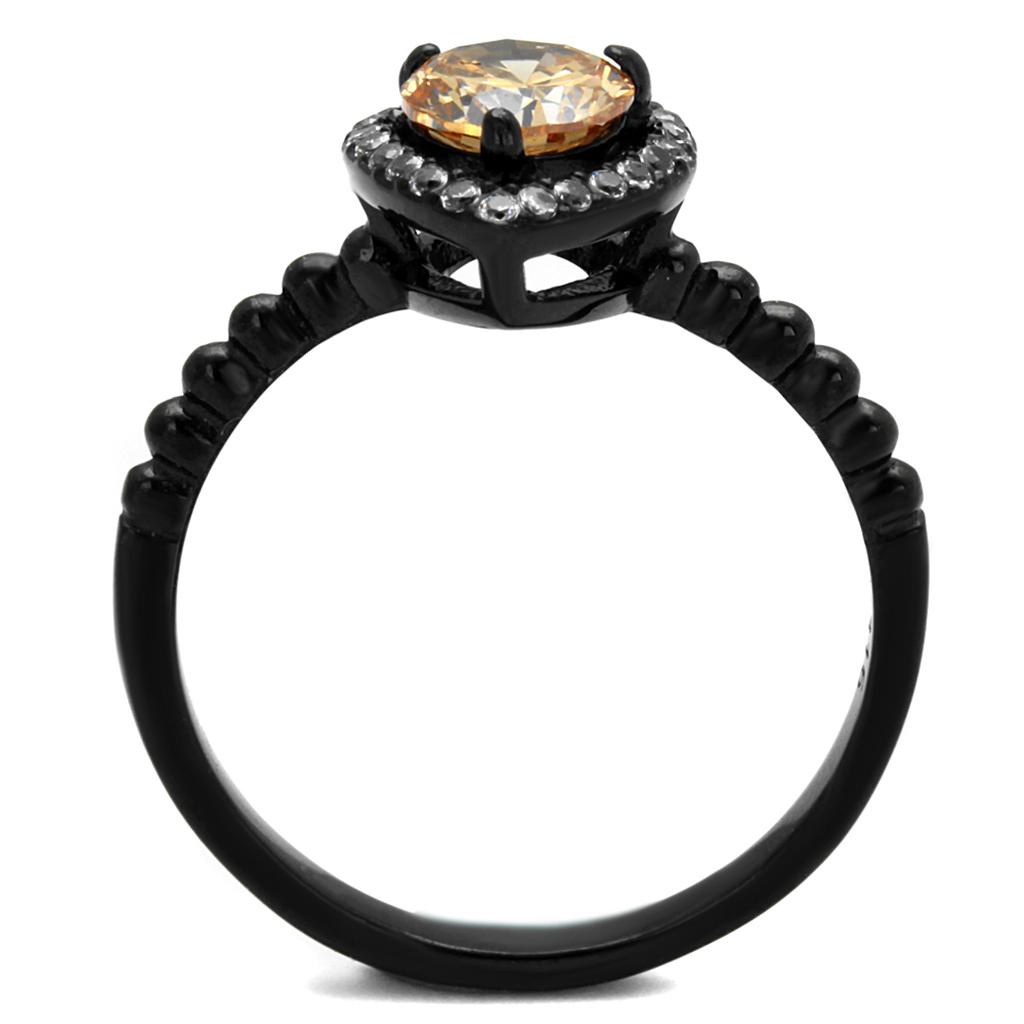IP Black(Ion Plating) Stainless Steel Ring with AAA Grade CZ in Champagne