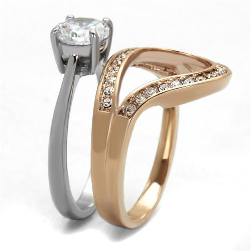 Two-Tone IP Rose Gold Stainless Steel Ring with AAA Grade CZ  in Clear