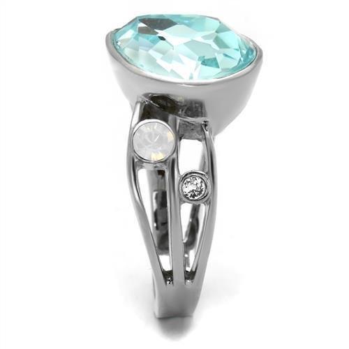High polished (no plating) Stainless Steel Ring with Top Grade Crystal  in Sea Blue