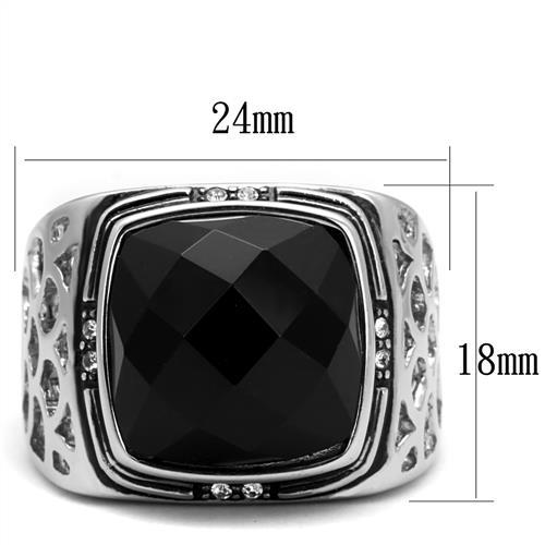 High polished (no plating) Stainless Steel Ring with Synthetic Onyx in Jet